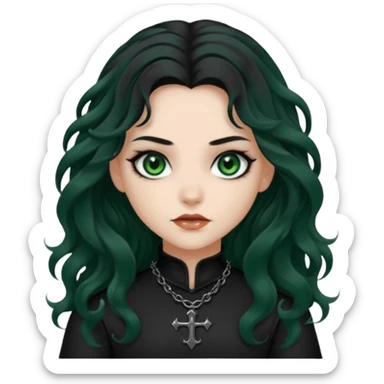 Crea una ragazza con stile black metal, capelli neri mossi lunghi e occhi verde scuro sticker