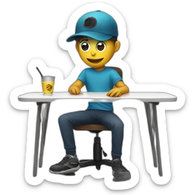 Boy wearing mask and cap sitting on chair with table with mic on table sticker