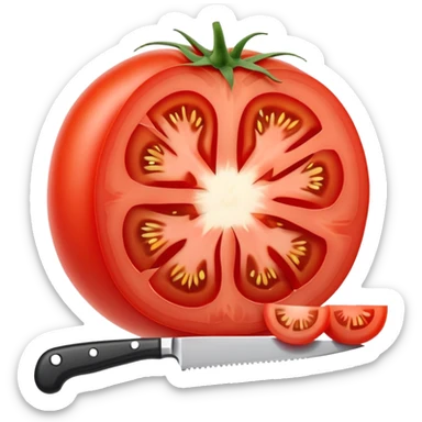 knife cutting a ripe red tomato sticker