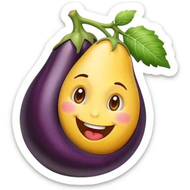 Un emoji heureux qui passe sa langue de droite à gauche avec une aubergine à côté  de lui avec une tête ronde  sticker