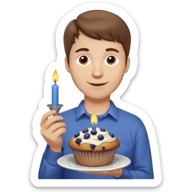 Make a white man with brown hair wearing a shirt that says happy b day Virginia holding a blueberry muffin with a birthday candle in it. Have him holding multiple muffins and no candles in hand sticker