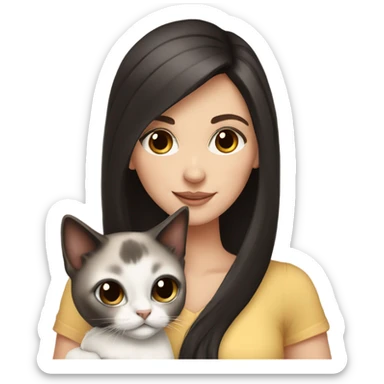 Pretty white girl with dark hair is holding a Siamese kitten sticker