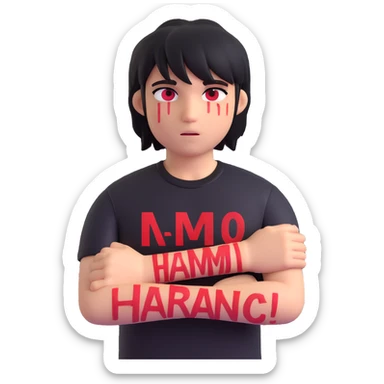 moody emo figure, self harm scars on arms, black shirt with red text, dramatic lighting sticker