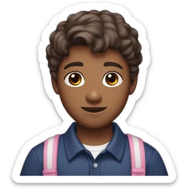 white 14 year old boy with a low taper fade brown/black hair dark brown amber eyes dark blue polo shirt saying st francis, pink, white skin hlding a phone and has straing har sticker