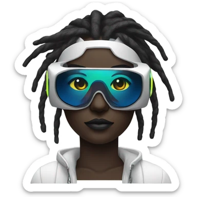 cyberpunk woman, black skin, white dreadlocks, wearing RGB vr headset, (eyes covered:1.2), bright colours sticker