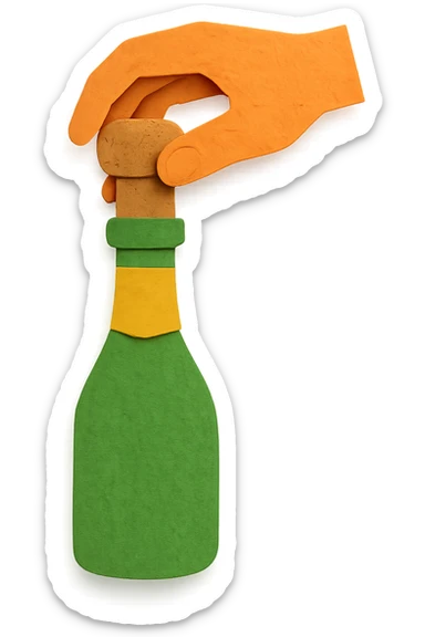 sparkling wine opening step 3: holding cork with hand and slowly twisting, realistic light green champagne bottle color, no background sticker