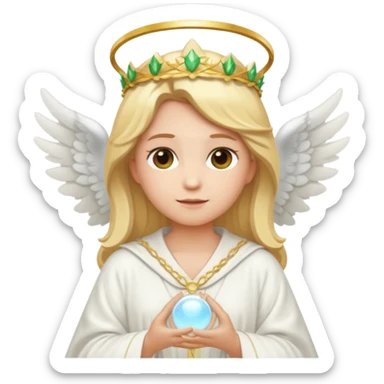 Emoji-style angel: blonde hair, laurel crown, halo, white wings, white robe, glowing orb, soft cute emoji look. sticker