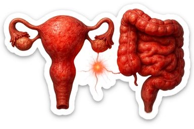 utero umano anatomico iperrealistico e intestino umano anatomico iperrealistico hanno in comune il dolore e l'infiammazione, rendi bene il collegamento tra i due organi doloranti, falla iperrealistica, non disegnata sticker