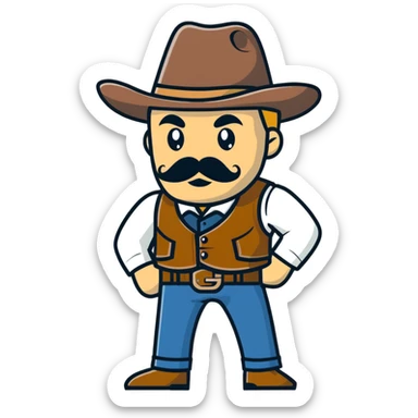 Dutch van der Linde from Red Dead Redemption, charismatic gang leader with mustache, wearing a vest and hat, wild west outlaw sticker