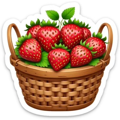 Cinematic ripe strawberrie, deep red, glossy with tiny seeds, green leaves still attached, gathered in a rustic basket, warm glowing background, fresh and sweet. sticker