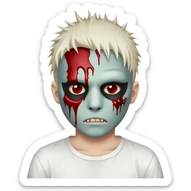 zombie boy with spiky emo hair and white shirt emoji and 

He wears an anonymous mask on half his face and has wounds on the other half. sticker