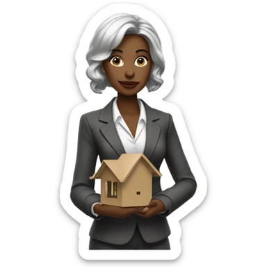 A stylish woman dressed in business attire, confidently holding a small model of a house or a real estate contract. She has a self-assured expression. The background is neutral sticker