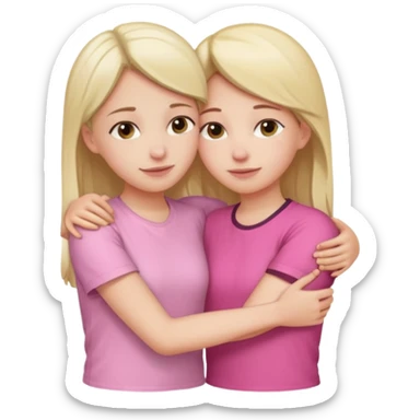 2 girls hugging each other. One is wearing white shirt and the other is wearing pink sticker