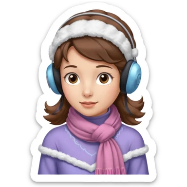 Victorian ice skater in a long dress. She is wearimg a scarf and earmuffs. She has brown hair. sticker