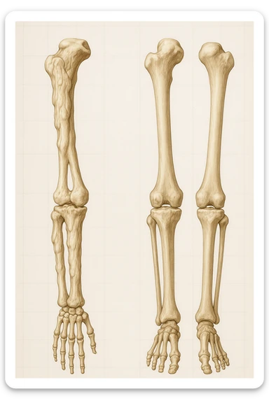 A highly realistic medical illustration focusing on a human arm and leg bones affected by melorheostosis. The bones appear visibly thickened, irregular, and larger than normal, with clear, layered bone growth resembling melted wax dripping down the side of the bones. The image shows a side-by-side comparison with a healthy bone for clarity, highlighting the difference in size and texture. The color palette includes neutral bone colors with subtle shading to show the abnormal contours and ridges. The background is clean and minimalistic, with faint anatomical grid lines for a scientific, educational feel. The overall mood is informative and precise, conveying the key visual characteristic of melorheostosis: progressive bone thickening that makes bones visibly larger and irregular. sticker