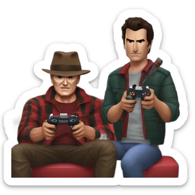 Freddy Krueger and Ash Williams and Jason Voorhees playing a video game sticker