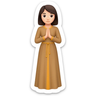 Show the woman standing and praying from the front view, wearing a long tan dress, with dark brown hair, in emoji style. Remove the background. sticker