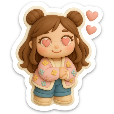 3D chibi fondant cake art style, high-quality rendering with smooth shadows and soft gradients. Girl based on reference image with preserved facial features and eye shape, long brown hair in two space buns, brown eyes, jeans, pastel floral cardigan, shoes, thick white outline like a sticker, transparent background. Expression: In love, soft pink hearts in her eyes. Ensure the face, hairstyle, eye shape, and shoes match the reference exactly. sticker
