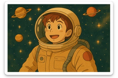 Add a space background with stars and planets, keep the ghibli style. sticker