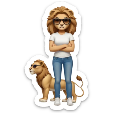 friendly anthropomorphised female lion, full body, standing confidently with legs shoulder width apart, arms folded, wearing jeans, white t-shirt, dark sunglasses, trainers, determined expression sticker