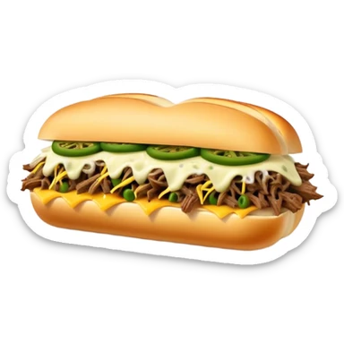 Chicago Italian cheesy beef sandwich. Italian bread, shredded beef, white provolone cheese, green peppers. sticker