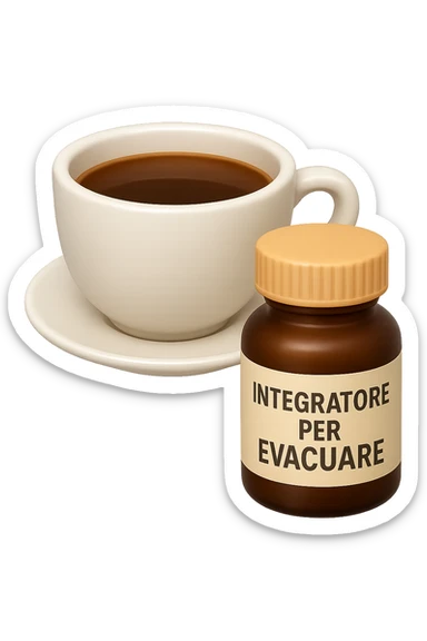 EMOJI STILE IPHONE 3D DI un caffè e di una boccetta di integratore con la scritta "INTEGRATORE PER EVACUARE" SULL'ETICHETTA, iperrealistico 4k sticker