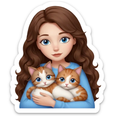 girl with long wavy brown hair, blue eyes, long lashes makeup, cuddling with 6 cute cats sticker