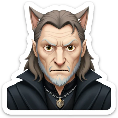 Fenrir Greyback in harry potter, black open chest coat, wolf face, pointed ear sticker