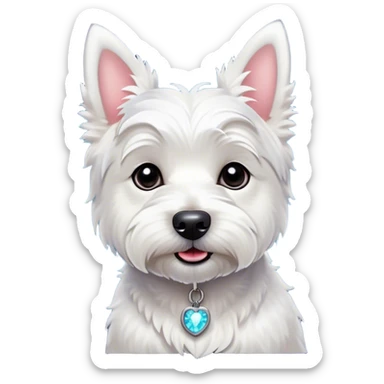 Cinematic Cute West Highland White Terrier Portrait Emoji, Head tilted playfully and inquisitively, featuring a fluffy, immaculate white coat with perky ears, round, sparkling dark eyes filled with curiosity, Simplified yet irresistibly adorable features, highly detailed, glowing with a warm, friendly glow, high shine, affectionate and lively, stylized with a touch of whimsy, bright and endearing, soft glowing outline, capturing the essence of a mischievous yet loving pup, so playful it feels like it could bound out of the screen and into your arms! sticker