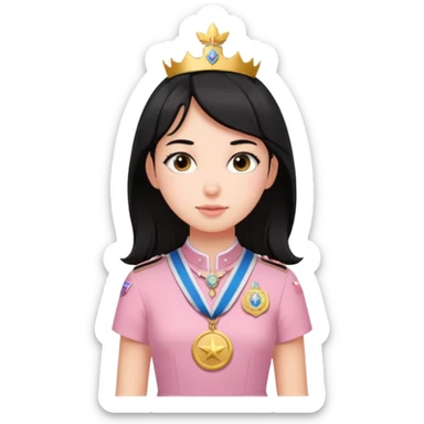 black haired girl wearing pastel pink with medals sticker