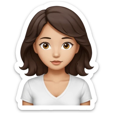 iOS style emoji. A girl with very long dark brown wavy hair. And the eyes color is dark brown. And she is wearing white t shirt with V kneck. And she is 30. She is Asian with double eyelids  sticker