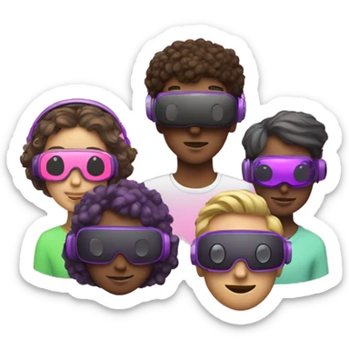 3 people different races, happy, cute wearing VR headsets, pink, purple, greens, neons sticker