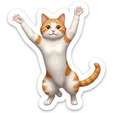 ginger and white cat with orange eyes doing a big extremely long stretch reaching up into the air with arms and legs side by side together straight and overextended whilst lying on its side sticker