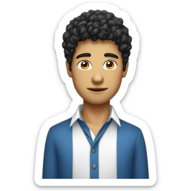 jeune homme avec des cheveux châtains bouclés, des yeux bleus clairs qui est habillé avec une chemise noir sticker