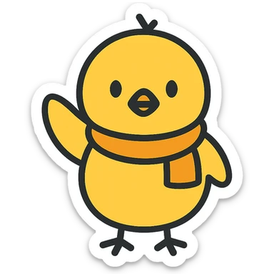 A baby chick waving, color outline icon style, with a yellow scarf sticker
