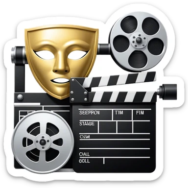 Icon for Acting in Theater and Movie: a stage with a spotlight and cinema, a film camera, a clapperboard and a dramatic mask. The design should represent both theatrical performance and cinematic art. Transparent background. sticker