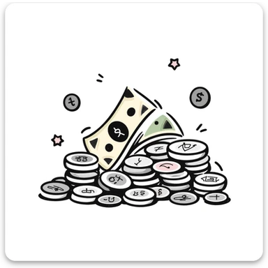 Money bills and coins, cash currency in pastel colors (dd9fb0, ffc6d3, a3bfc9, c4bee2, f1b091), hand-drawn doodle style sticker