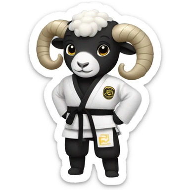 Ram wearing black Jiu-Jitsu gi whit white belt sticker