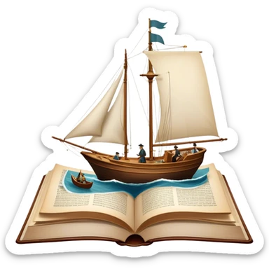 Icon for Reading Fiction: a large open book with pages turning, a sailboat sailing across the pages, Musketeers on horseback, Sherlock Holmes and other literary elements. The icon should evoke the adventurous spirit of storytelling. Transparent background. sticker