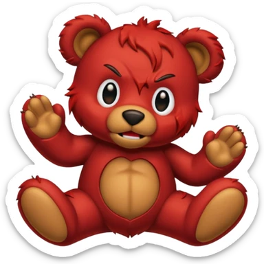 A red devil tearing up a brown teddy bear sticker