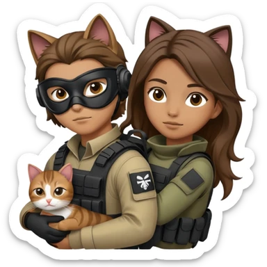 A masked man with hair down to his neck and wearing a tactical gear is carrying a girl with brown hair and a cat sticker