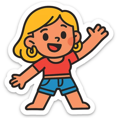 cute character with blonde hair, gold hoop earrings, a crop top, and jean shorts, smiling, vibrant toon style, colorful, cheerful sticker