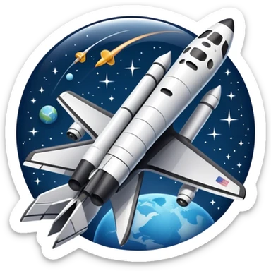 An icon featuring a space shuttle and an airplane against a starry sky, symbolizing aerospace technology. The design includes rocket boosters and satellite orbits, representing the exploration of space and advanced aviation. Transparent background sticker