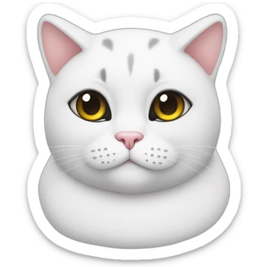 White fat cat with black patch on head and sticker