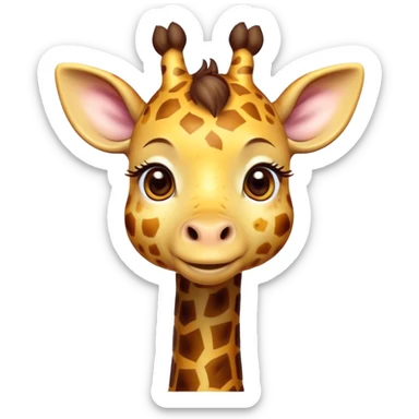 Cinematic Cute Giraffe Portrait Emoji, Head tilted playfully and inquisitively, featuring a glossy, patterned Fur of warm yellows and browns with delicate white spots, round, sparkling eyes filled with curious wonder, Simplified yet irresistibly adorable features, highly detailed, glowing with a warm, friendly glow, high shine, affectionate and gentle, stylized with a touch of savannah whimsy, bright and endearing, soft glowing outline, capturing the essence of a mischievous yet loving giraffe, so playful it feels like it could gallop out of the screen and into your arms! sticker