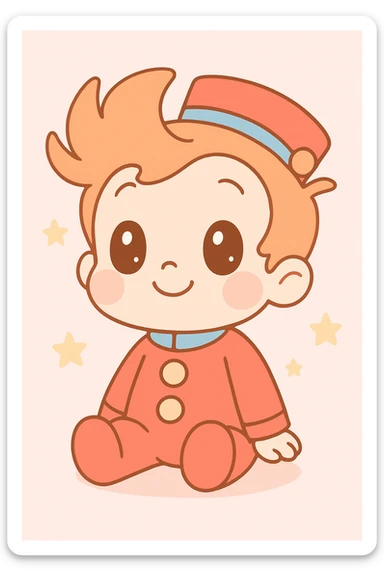 bébé Spirou, kawaii style, costume rouge, joues rondes, expression adorable sticker