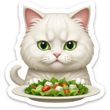 grumpy white cat sitting at a table, looking confused with its ears slightly back. In front of the cat is a plate with a salad with mouth a little open, and disagreement in the cat's face sticker