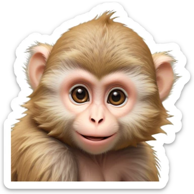 Cinematic Cute Macaque Portrait Emoji, Head tilted playfully and inquisitively, with a charmingly mischievous face accented by soft, fuzzy fur and round, sparkling eyes filled with curiosity, Simplified yet irresistibly adorable features, highly detailed, glowing with a warm, friendly glow, high shine, affectionate and lively, stylized with a touch of primate whimsy, bright and endearing, soft glowing outline, capturing the essence of a playful macaque that seems as if it could jump out of the screen into your arms! sticker