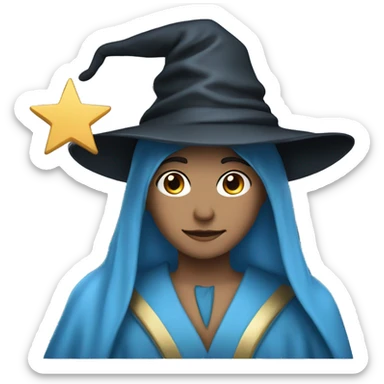 stereotypical wizard, blue hat with star and blue robe, masculine female black hair sticker