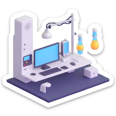 tech lab with glowing screens and robots sticker